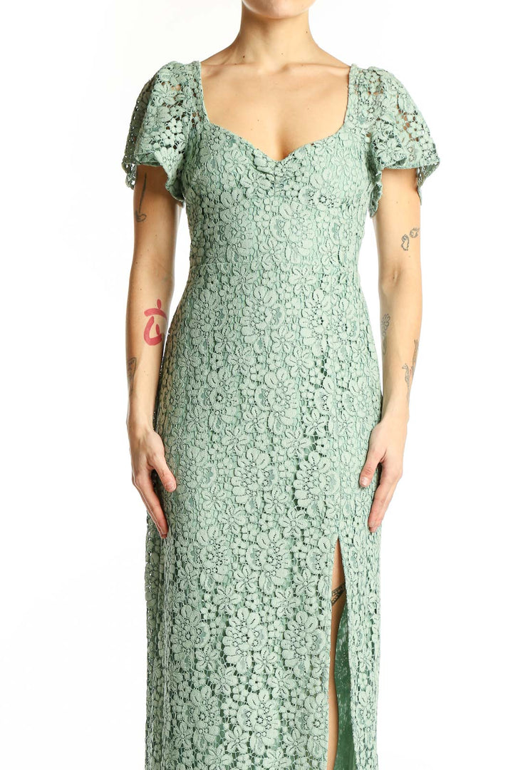 Front view of Zara mint green lace maxi dress with sweetheart neckline