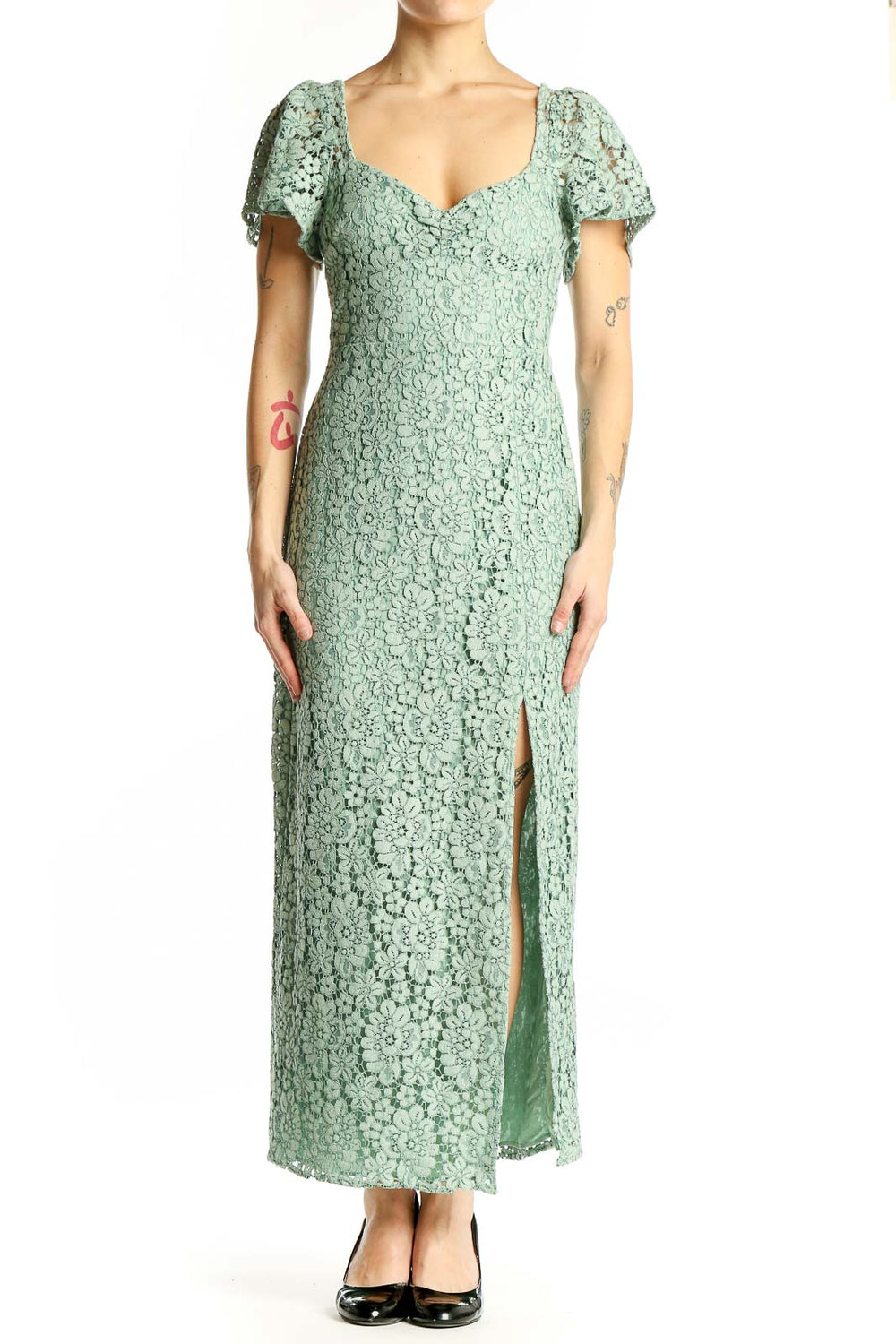 Front view of Zara mint green lace maxi dress with sweetheart neckline