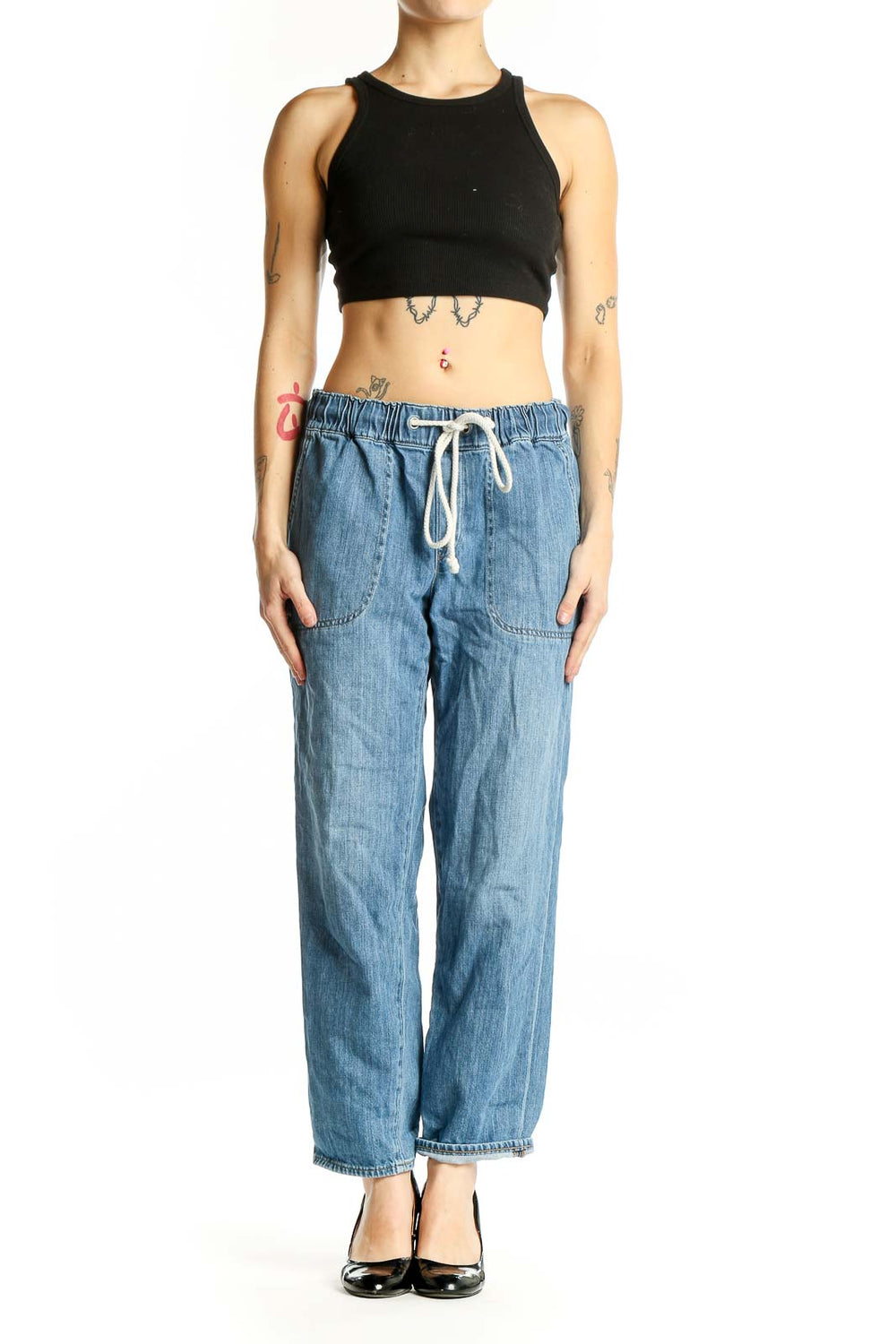 Front view of J.Crew light blue denim pants with drawstring waist