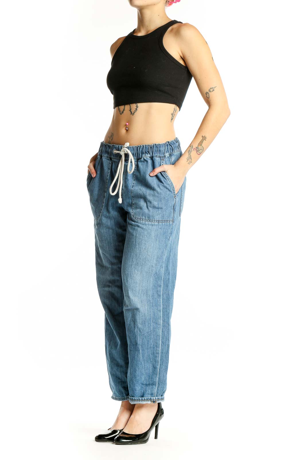 Front view of J.Crew light blue denim pants with drawstring waist