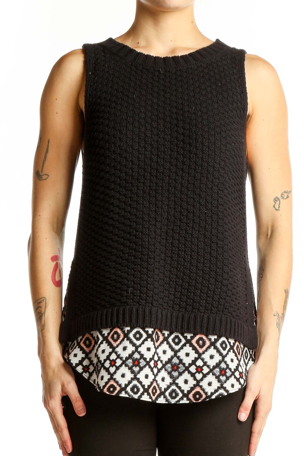 Front view of Ann Taylor LOFT Black Layered Sleeveless Knit Top with geometric pattern underlayer