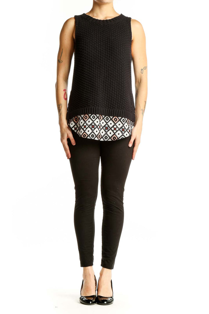 Front view of Ann Taylor LOFT Black Layered Sleeveless Knit Top with geometric pattern underlayer