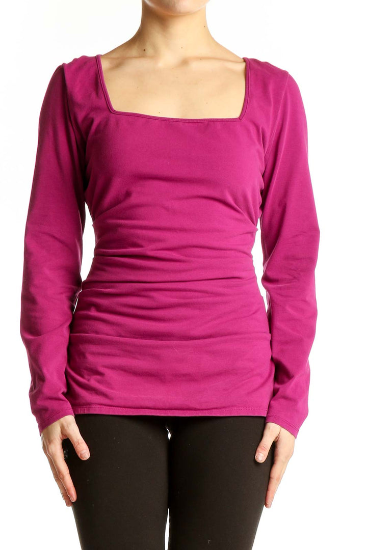 Front view of magenta Boston Proper top with square neckline and ruched sides