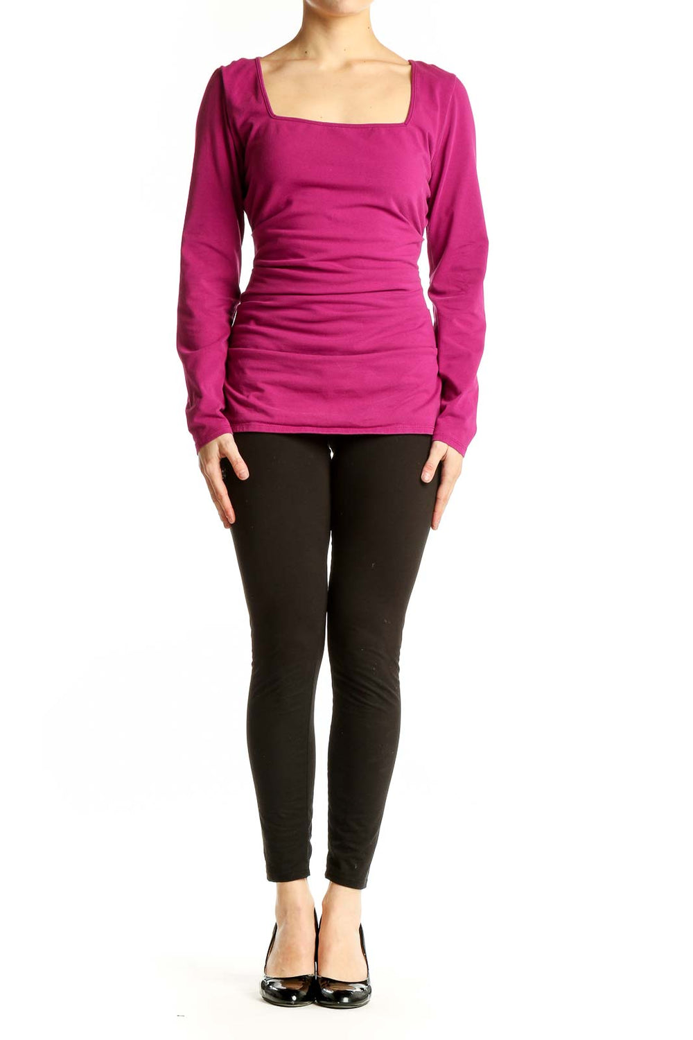 Front view of magenta Boston Proper top with square neckline and ruched sides