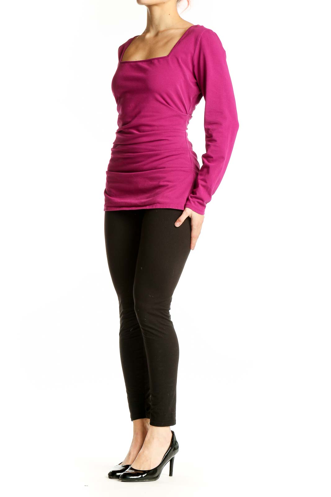Front view of magenta Boston Proper top with square neckline and ruched sides