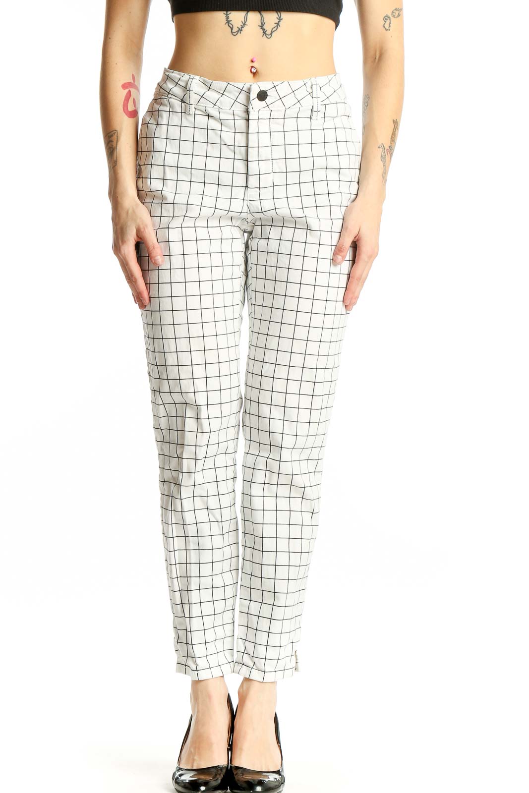 Front view of NYDJ white grid pattern denim pants