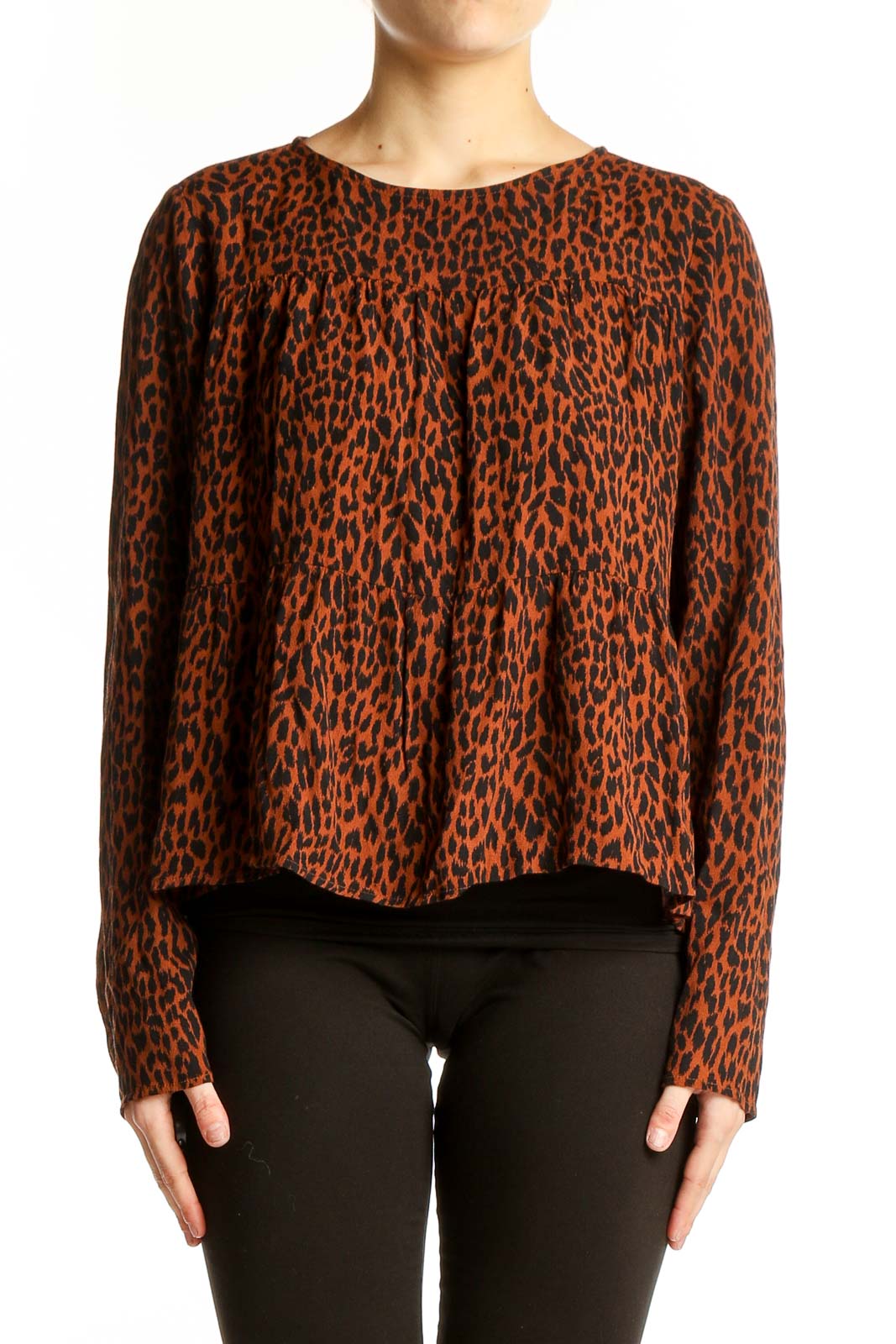 Front view of Gap rust leopard print flowy blouse