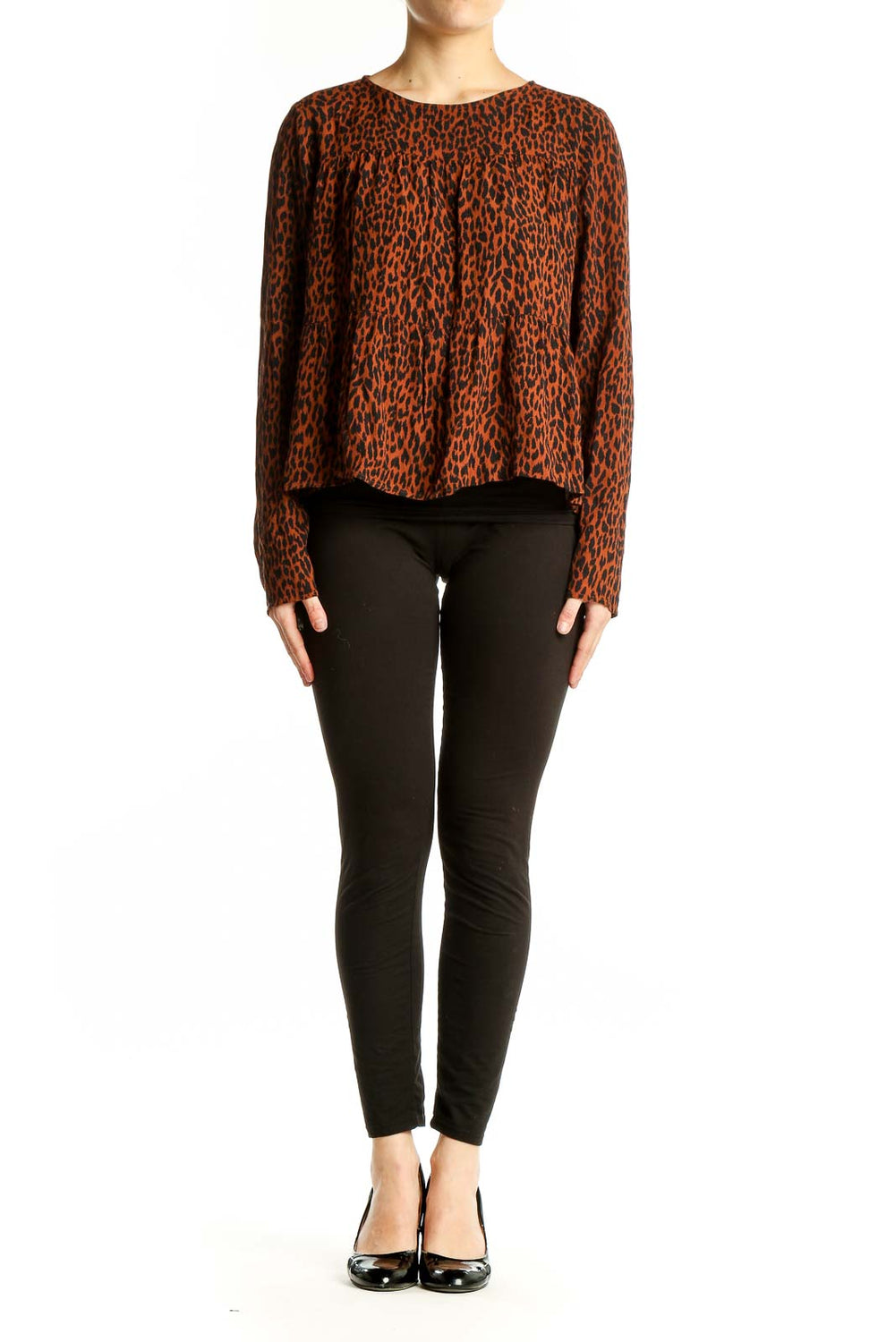 Front view of Gap rust leopard print flowy blouse
