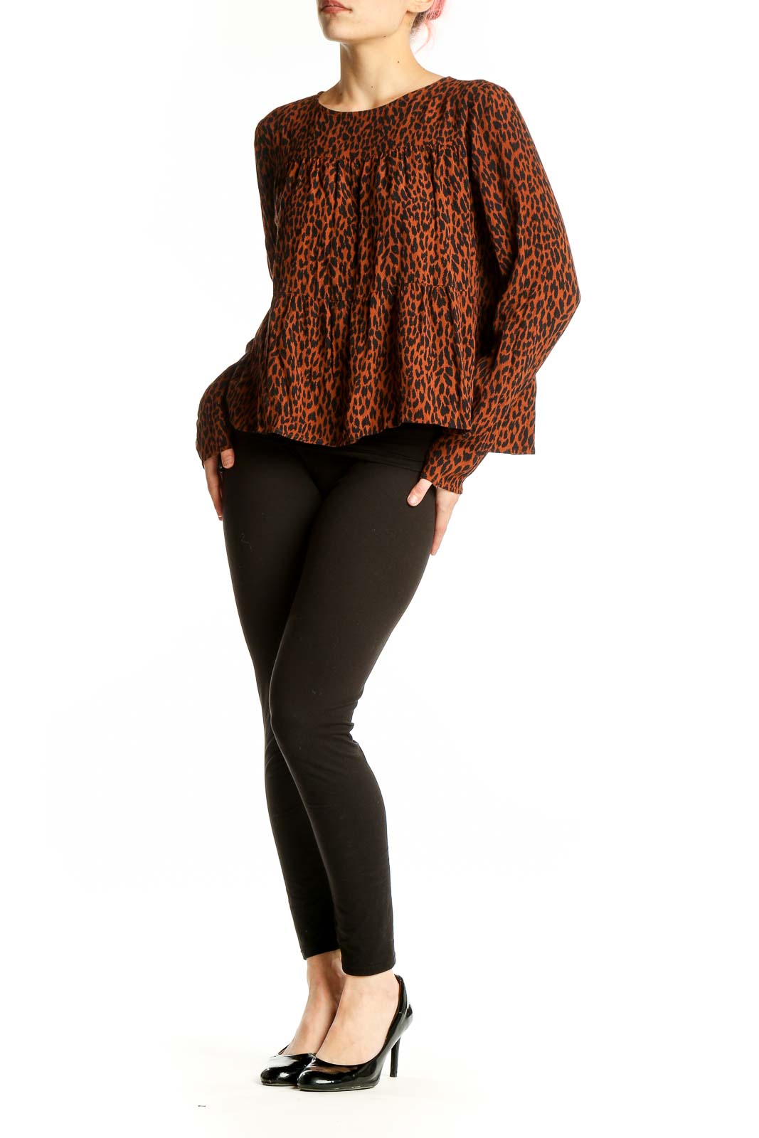 Front view of Gap rust leopard print flowy blouse