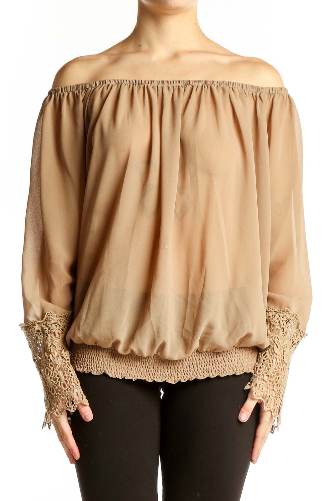 Front view of beige Umgee off-shoulder blouse with lace cuffs