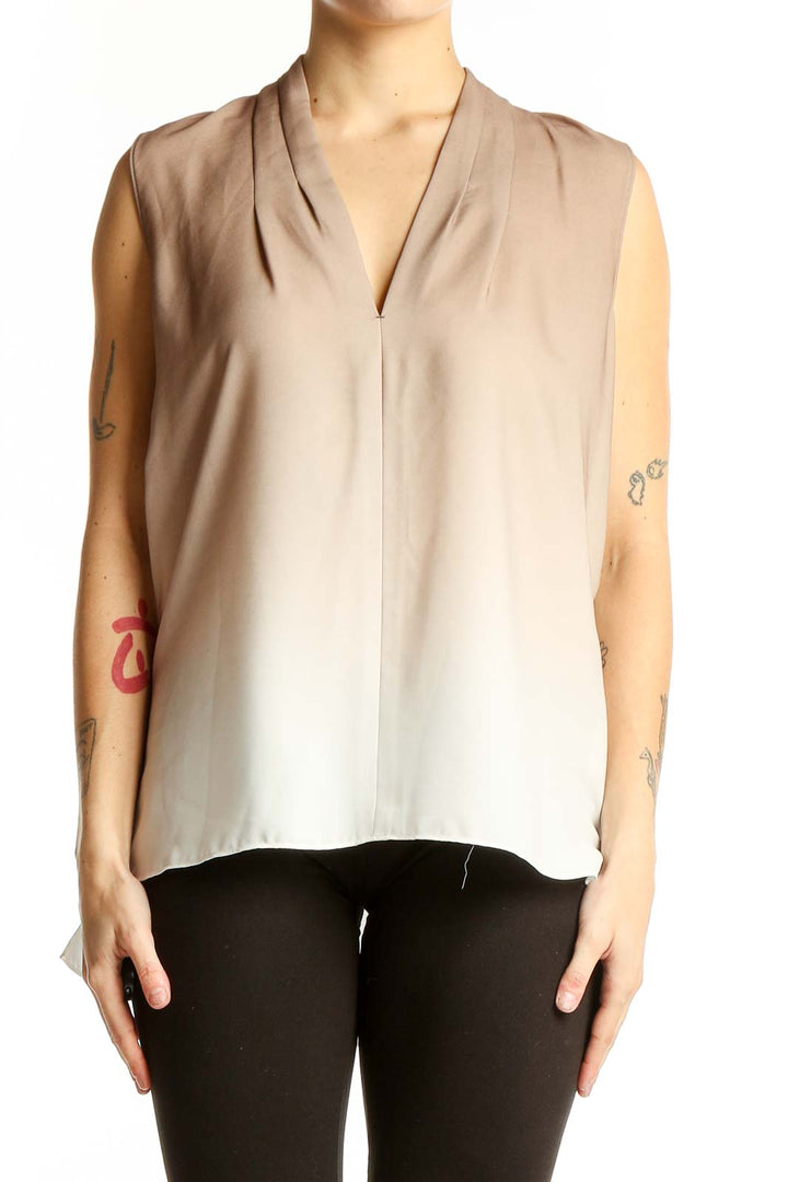 Front view of T Tahari beige ombre sleeveless V-neck blouse