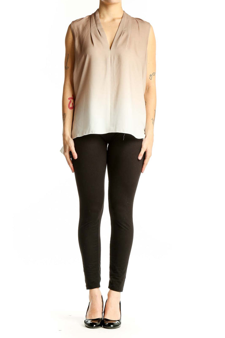 Front view of T Tahari beige ombre sleeveless V-neck blouse
