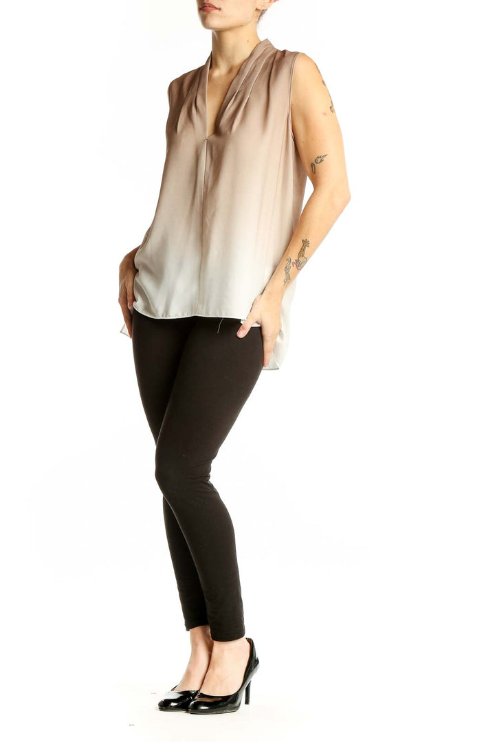 Front view of T Tahari beige ombre sleeveless V-neck blouse