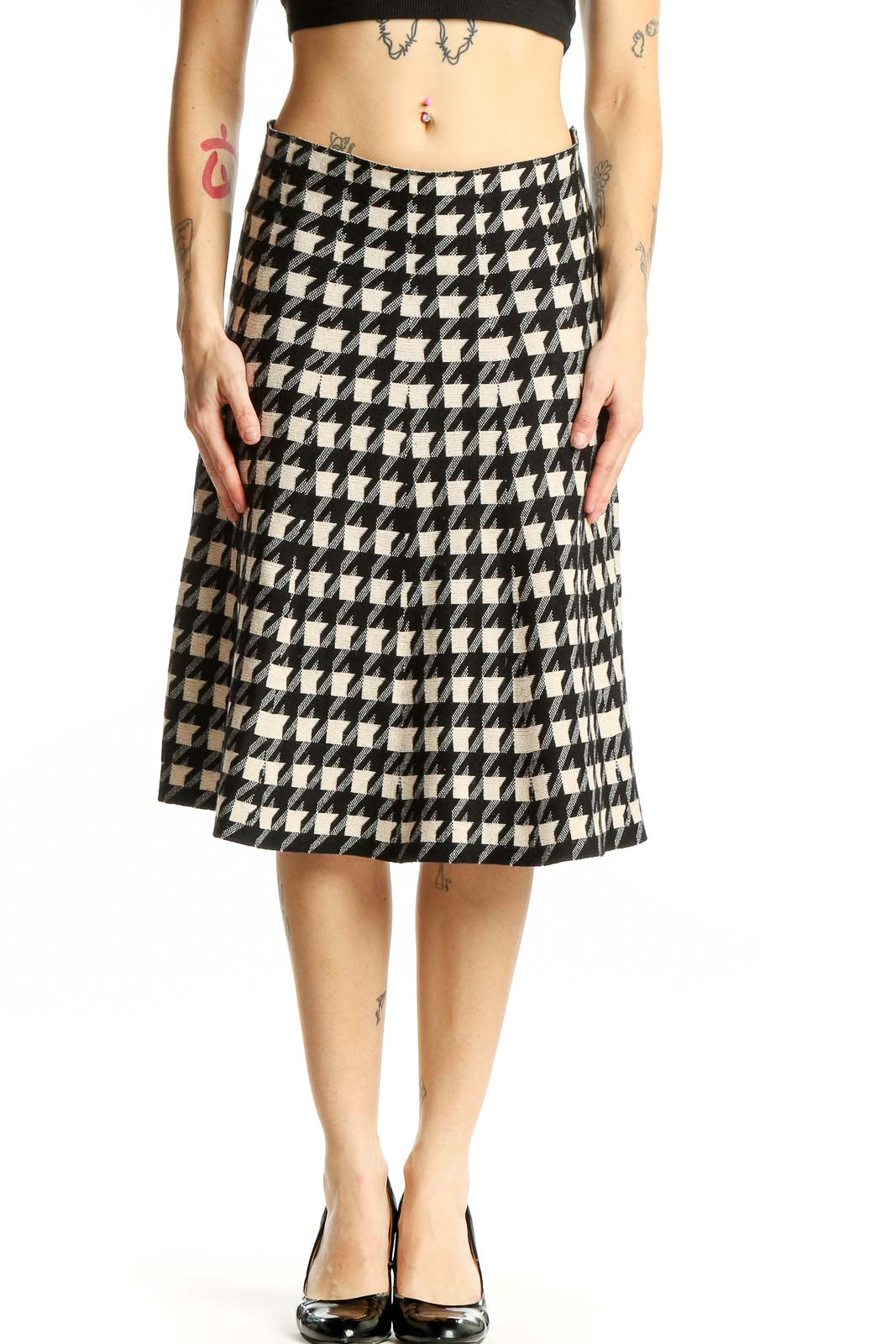 Front view of Max Studio black and white houndstooth A-line midi skirt