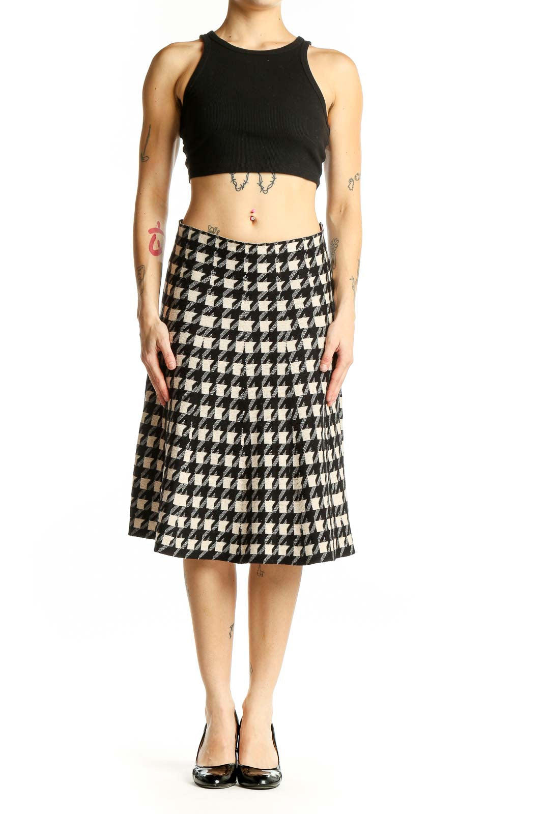 Front view of Max Studio black and white houndstooth A-line midi skirt