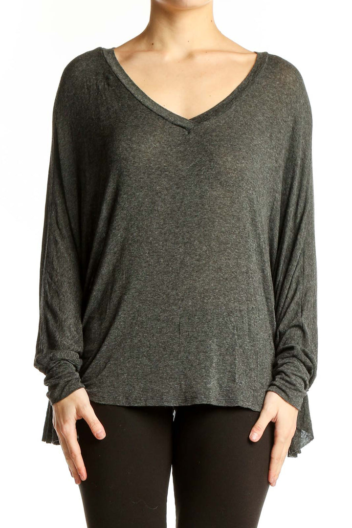 Front view of Robin K. charcoal V-neck dolman sleeve top