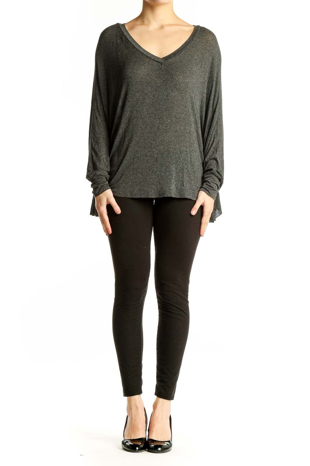 Front view of Robin K. charcoal V-neck dolman sleeve top