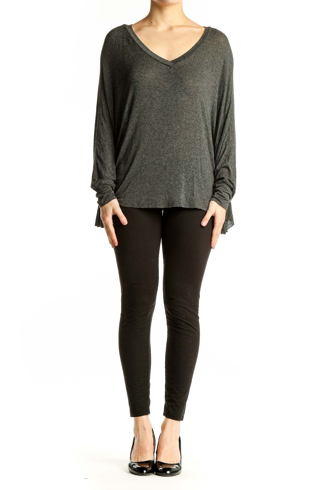 Front view of Robin K. charcoal V-neck dolman sleeve top