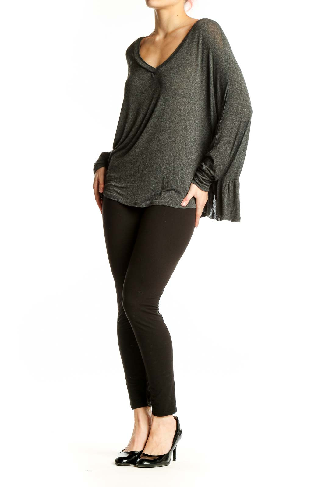 Front view of Robin K. charcoal V-neck dolman sleeve top