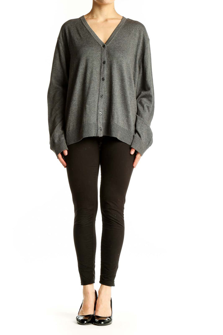 Front view of gray V-neck button-up cardigan from Banana Republic