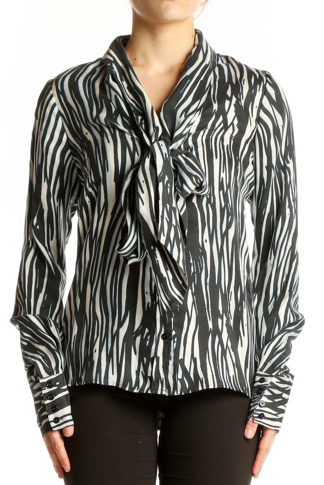 Front view of Rachel Zoe black and white zebra print silk blouse with tie-neck