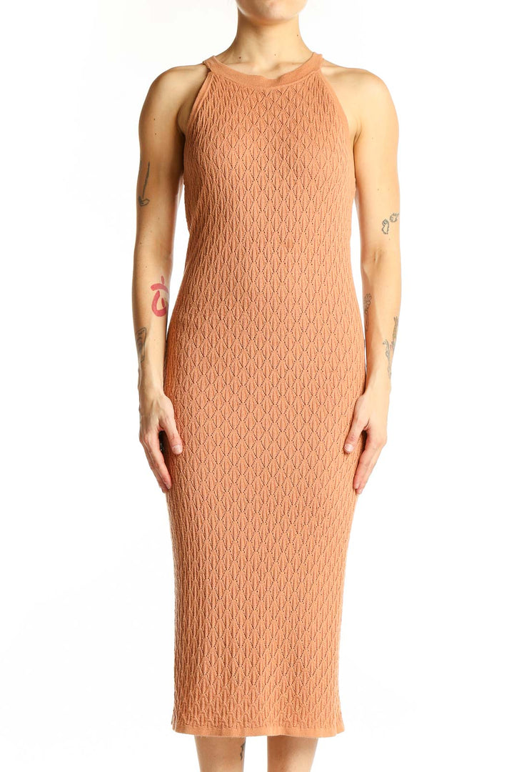 Front view of peach textured knit midi dress by House of Harlow 1960
