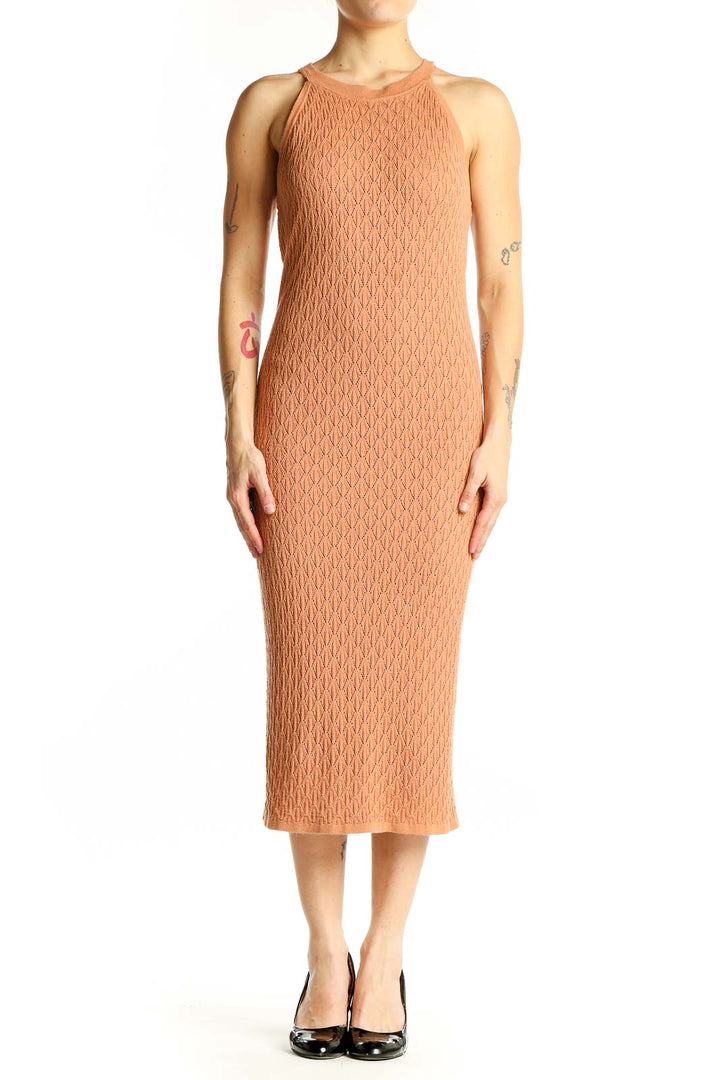 Front view of peach textured knit midi dress by House of Harlow 1960