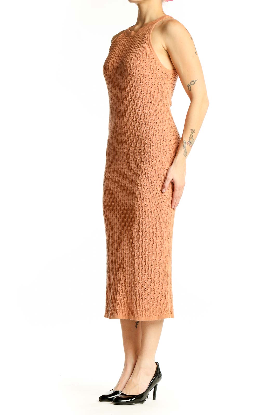 Front view of peach textured knit midi dress by House of Harlow 1960