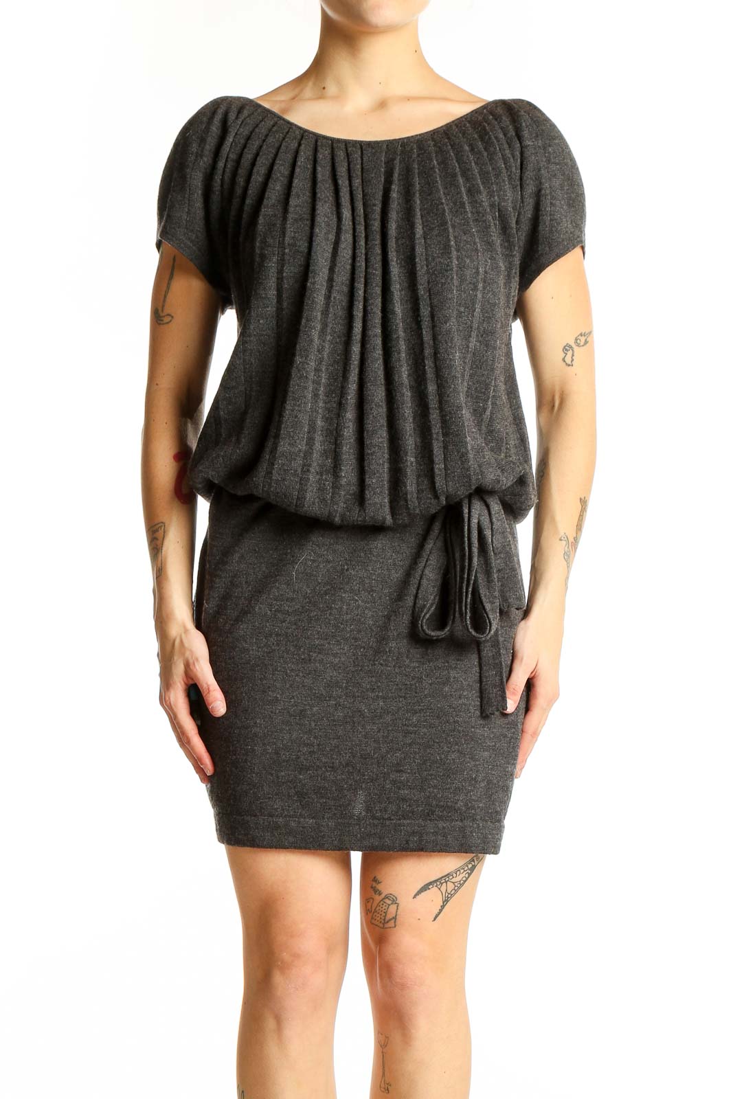 Front view of charcoal Ann Taylor LOFT blouson dress with pleated neckline