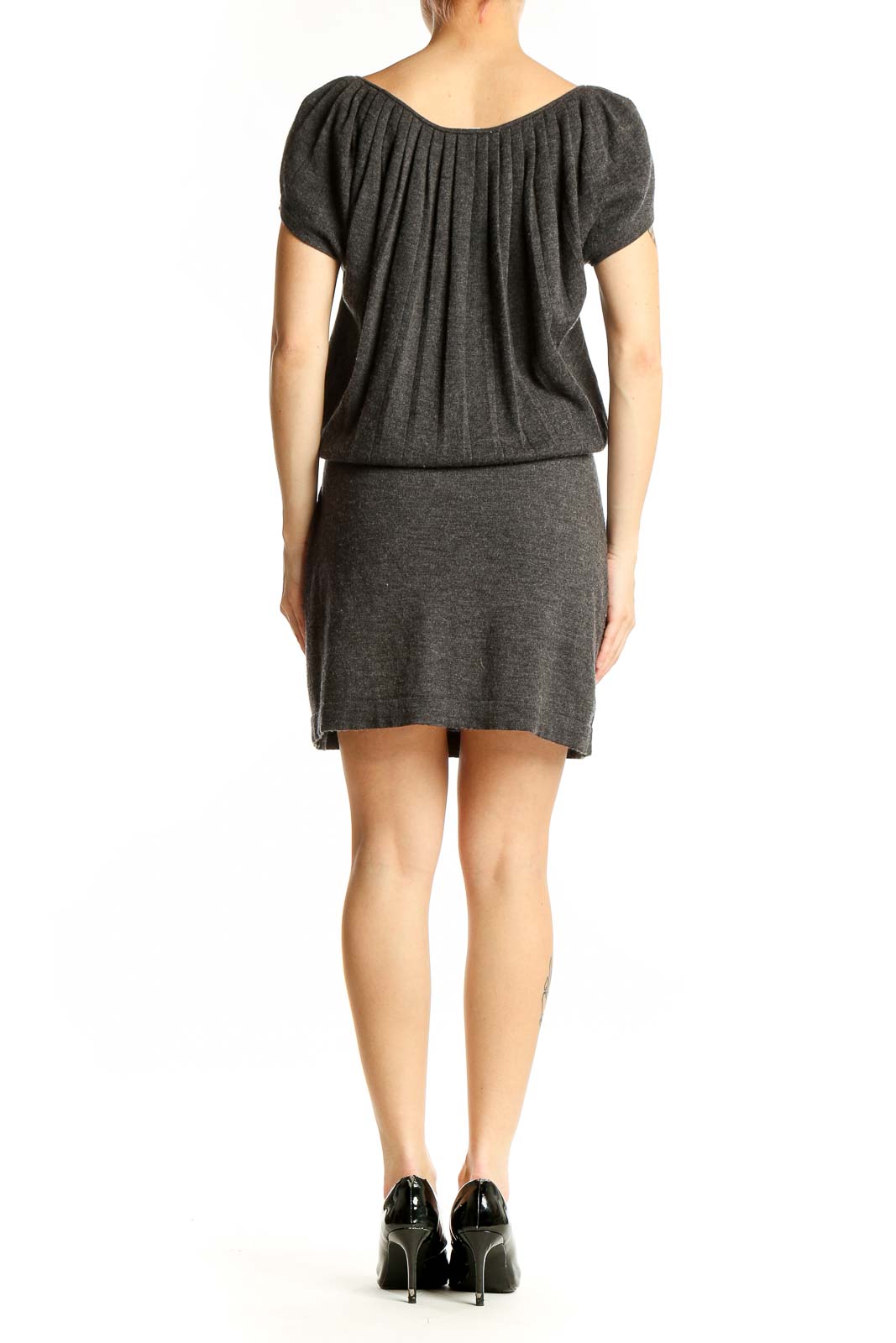 Side view of charcoal Ann Taylor LOFT blouson dress showing waist tie detail