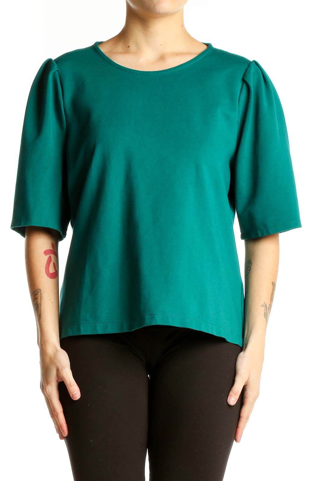 Front view of emerald green J.Crew puff sleeve top
