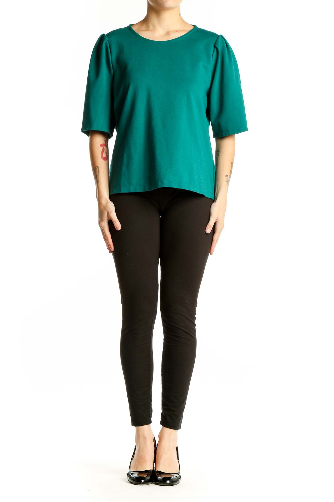 Front view of emerald green J.Crew puff sleeve top