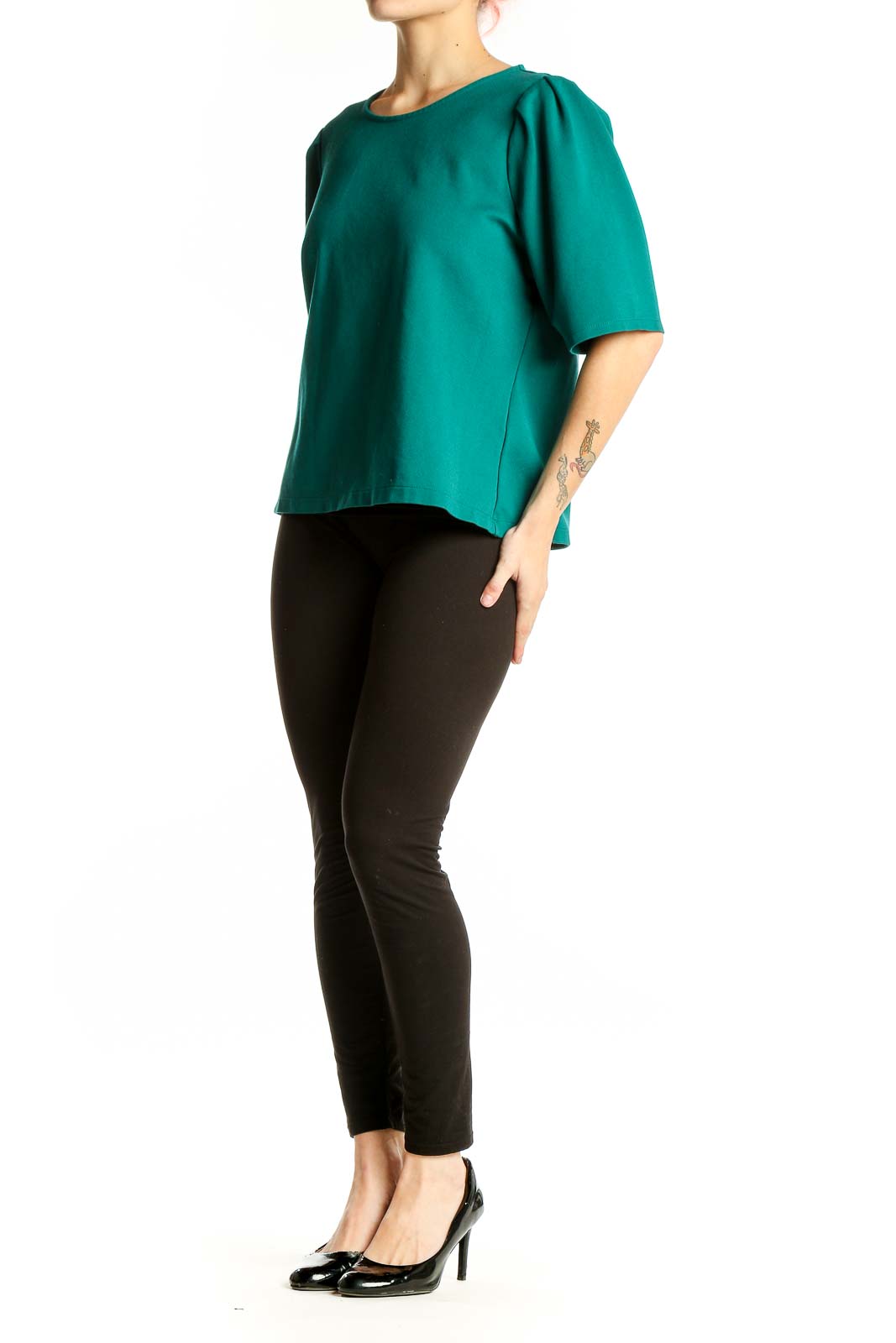 Front view of emerald green J.Crew puff sleeve top
