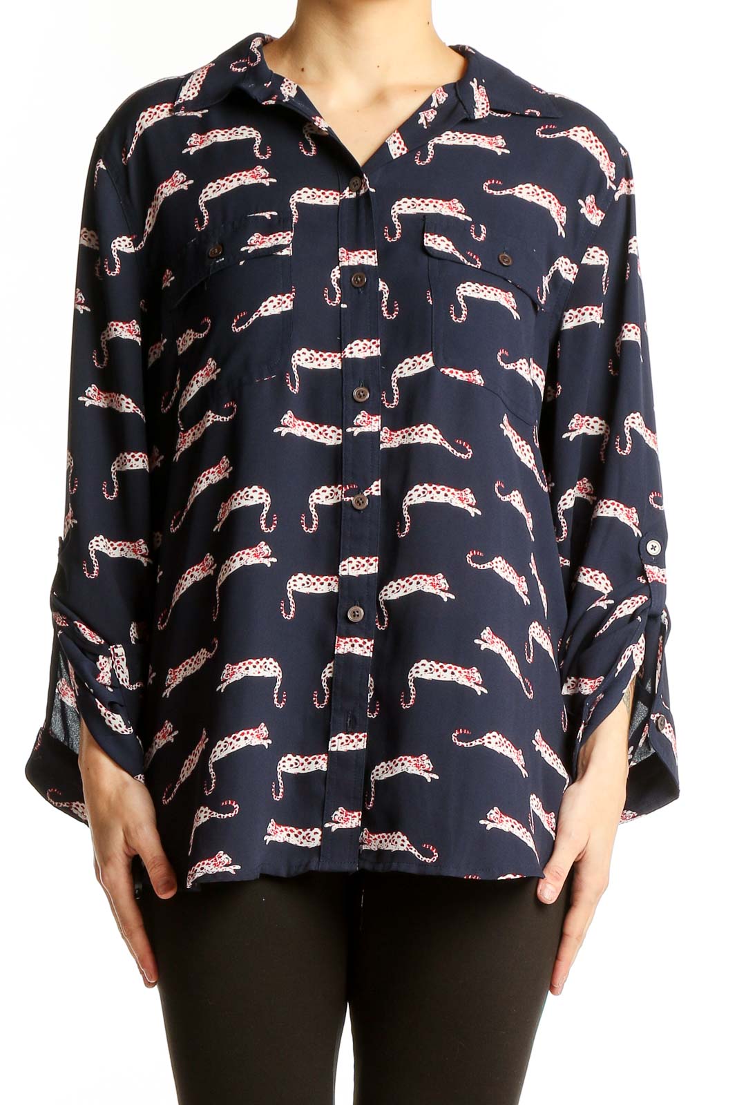 Front view of LOFT navy leopard print button-down blouse
