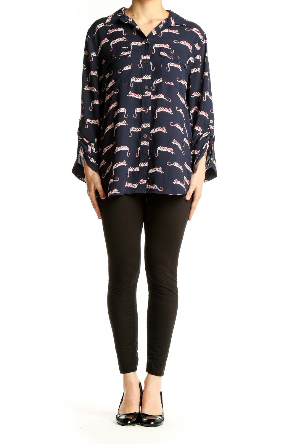 Front view of LOFT navy leopard print button-down blouse
