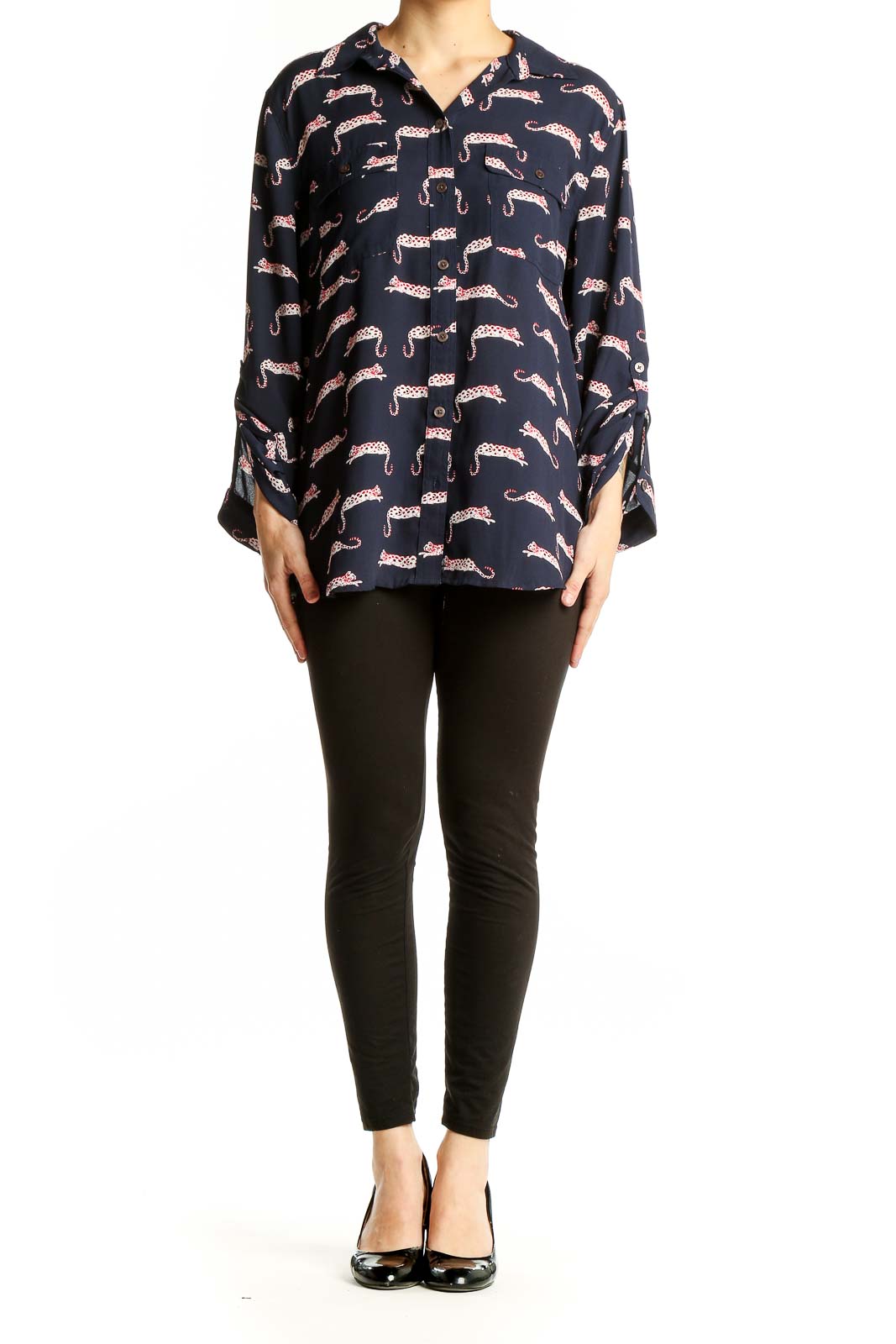 Front view of LOFT navy leopard print button-down blouse
