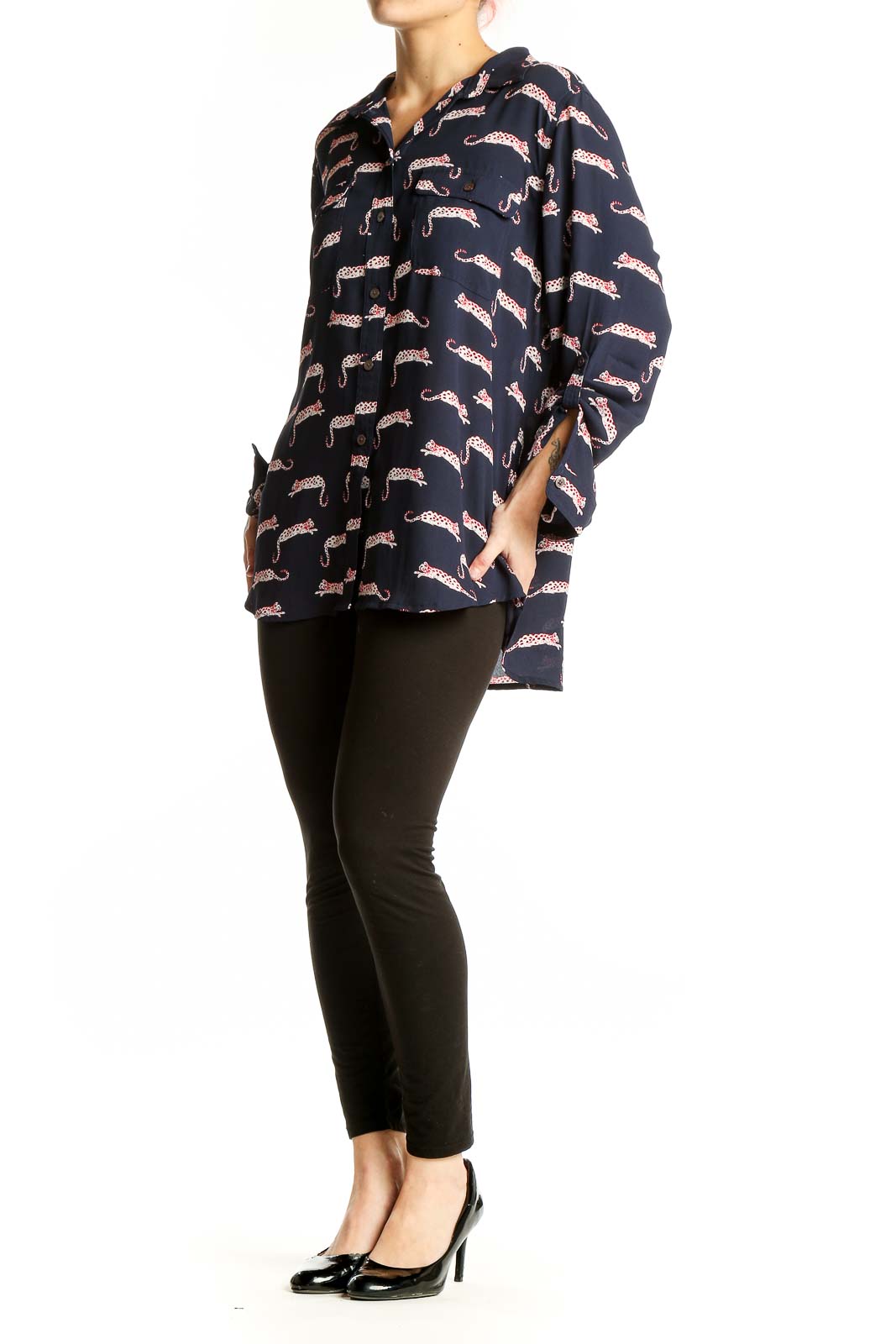 Front view of LOFT navy leopard print button-down blouse