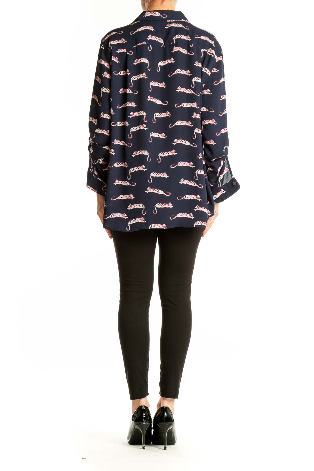 Back view of LOFT navy leopard print button-down blouse on model