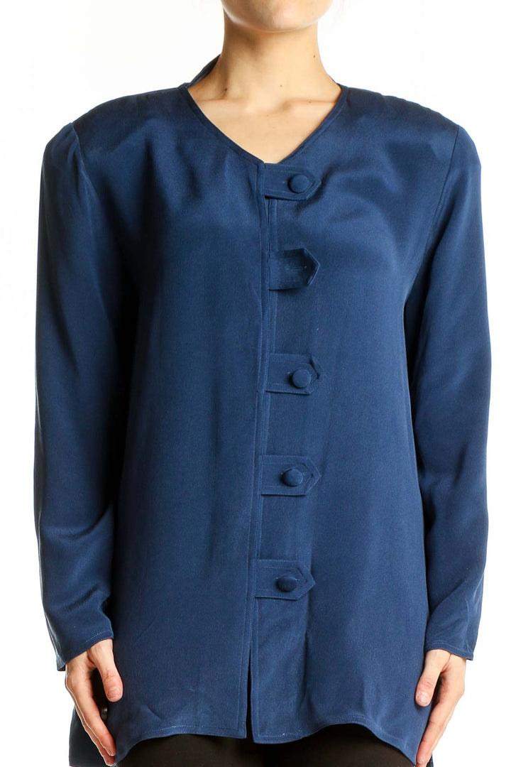 Front view of Adrianna Papell navy silk button-front jacket
