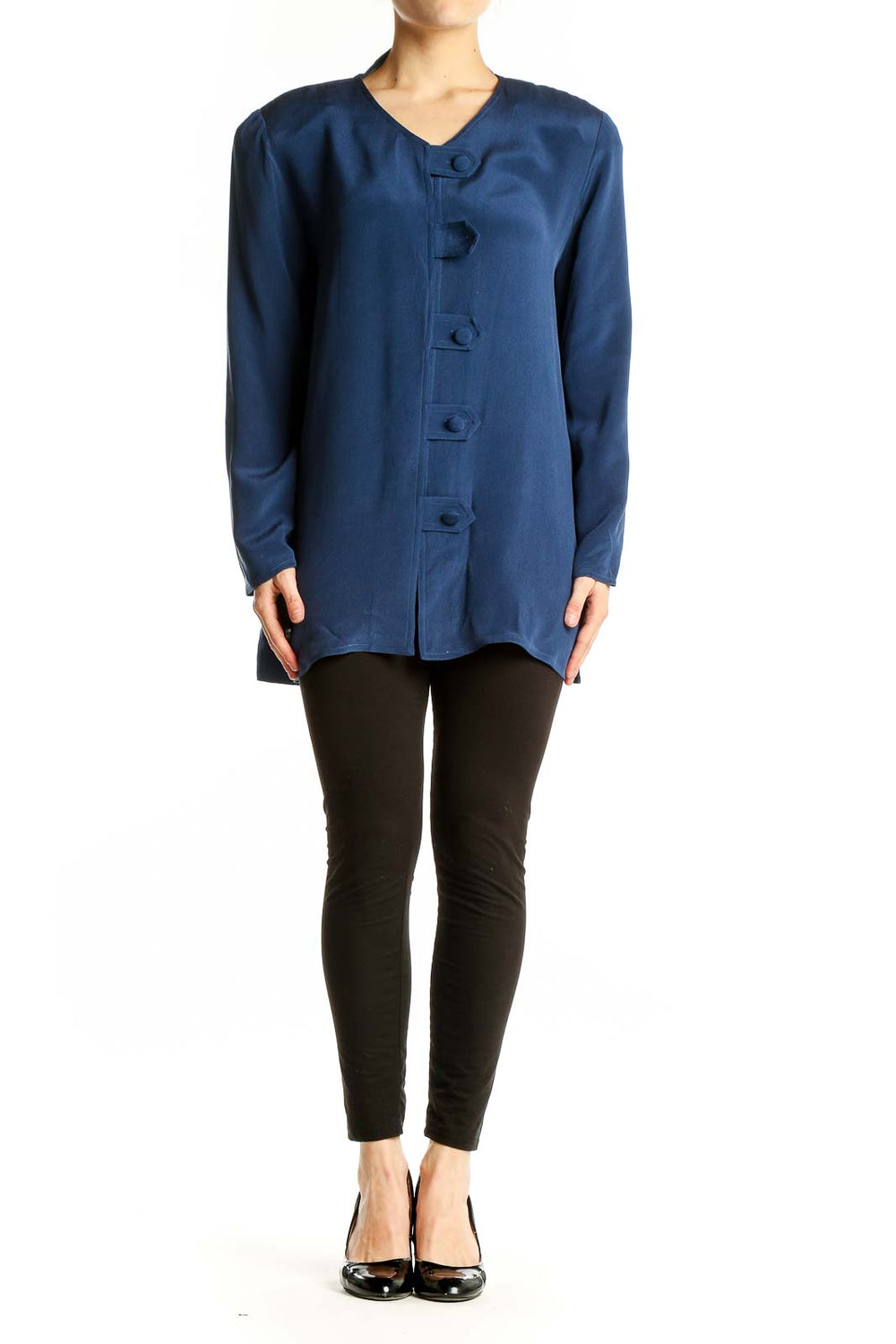 Front view of Adrianna Papell navy silk button-front jacket