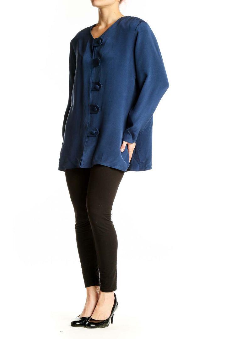 Front view of Adrianna Papell navy silk button-front jacket