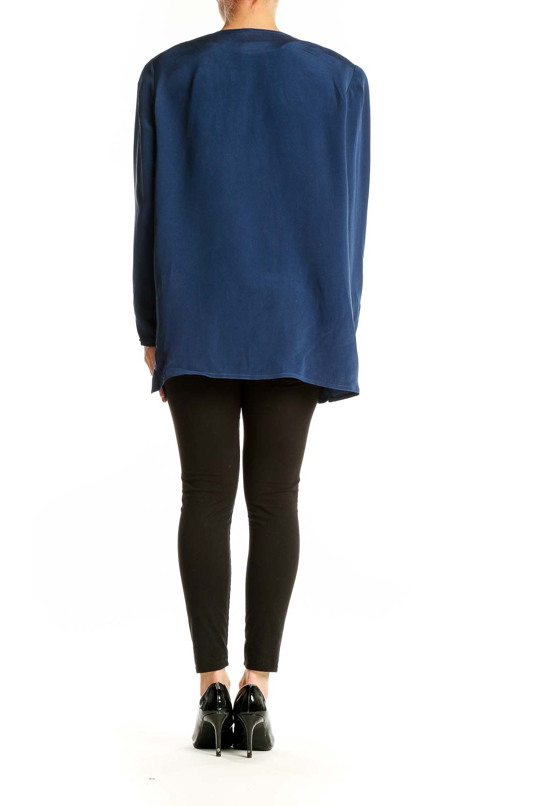 Side view of Adrianna Papell navy silk button-front jacket on model