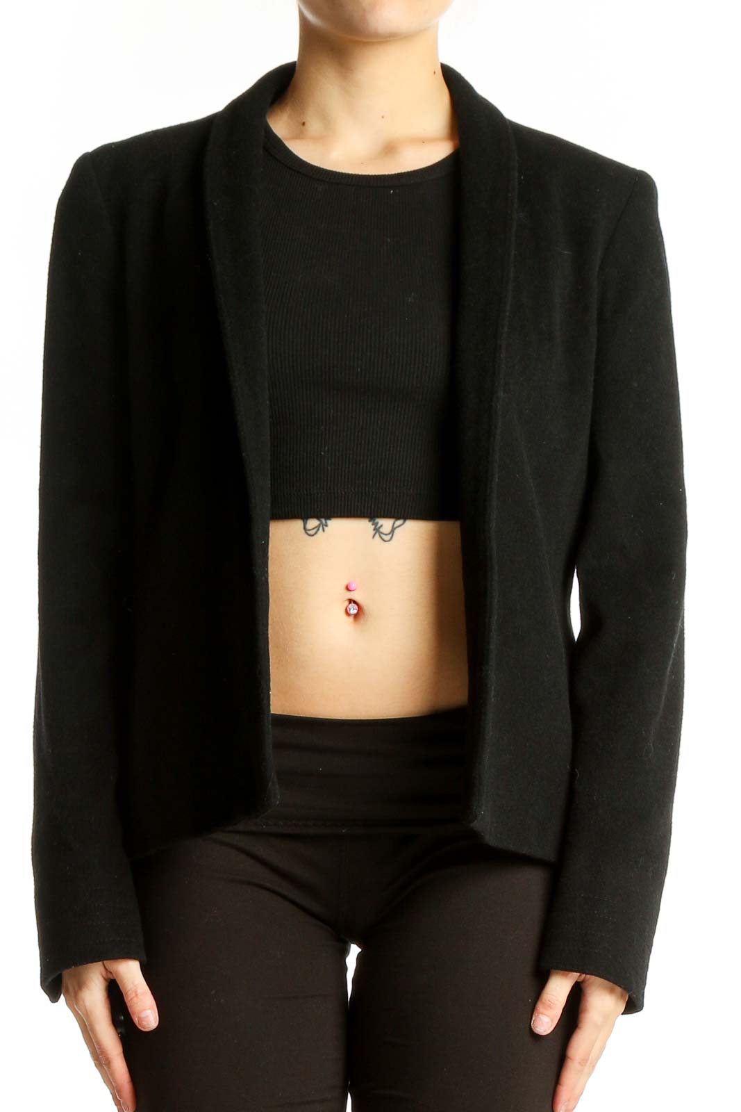 Front view of black Louben open-front blazer on model