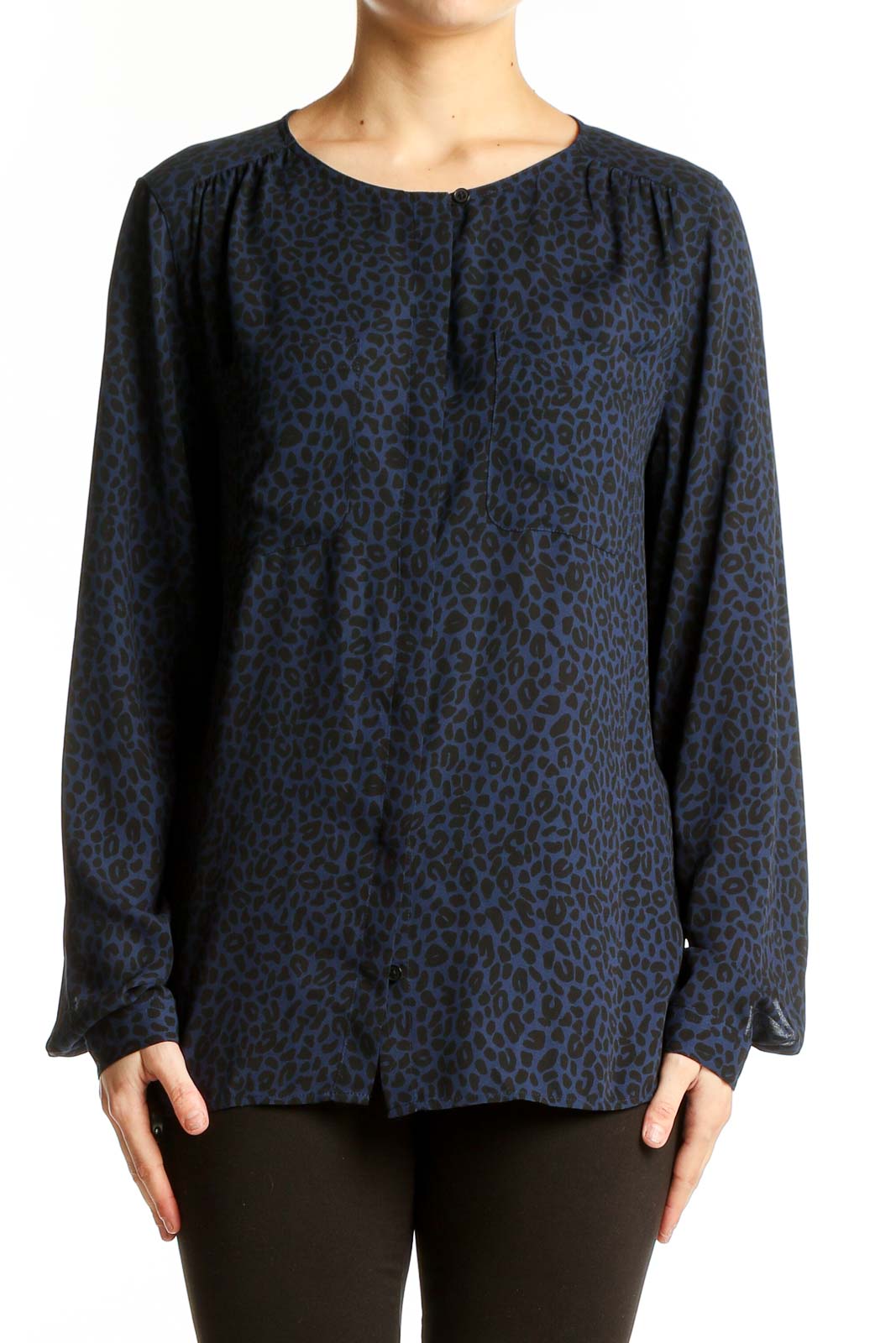 Front view of LOFT navy leopard print long sleeve blouse