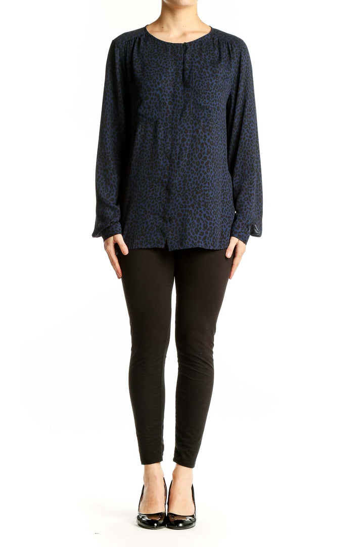 Front view of LOFT navy leopard print long sleeve blouse