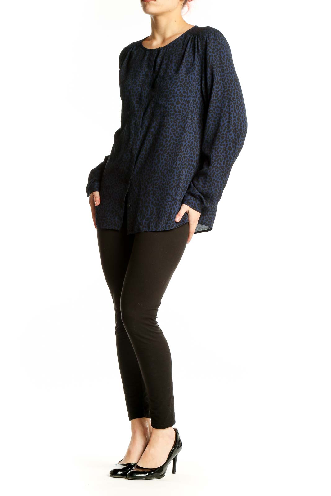 Front view of LOFT navy leopard print long sleeve blouse