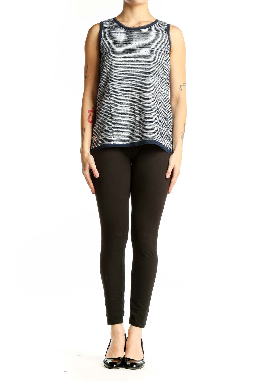 Front view of Anthropologie gray striped sleeveless top