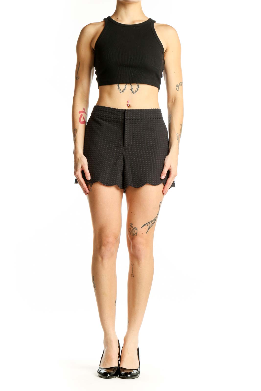 Front view of Club Monaco black textured shorts with scalloped hem