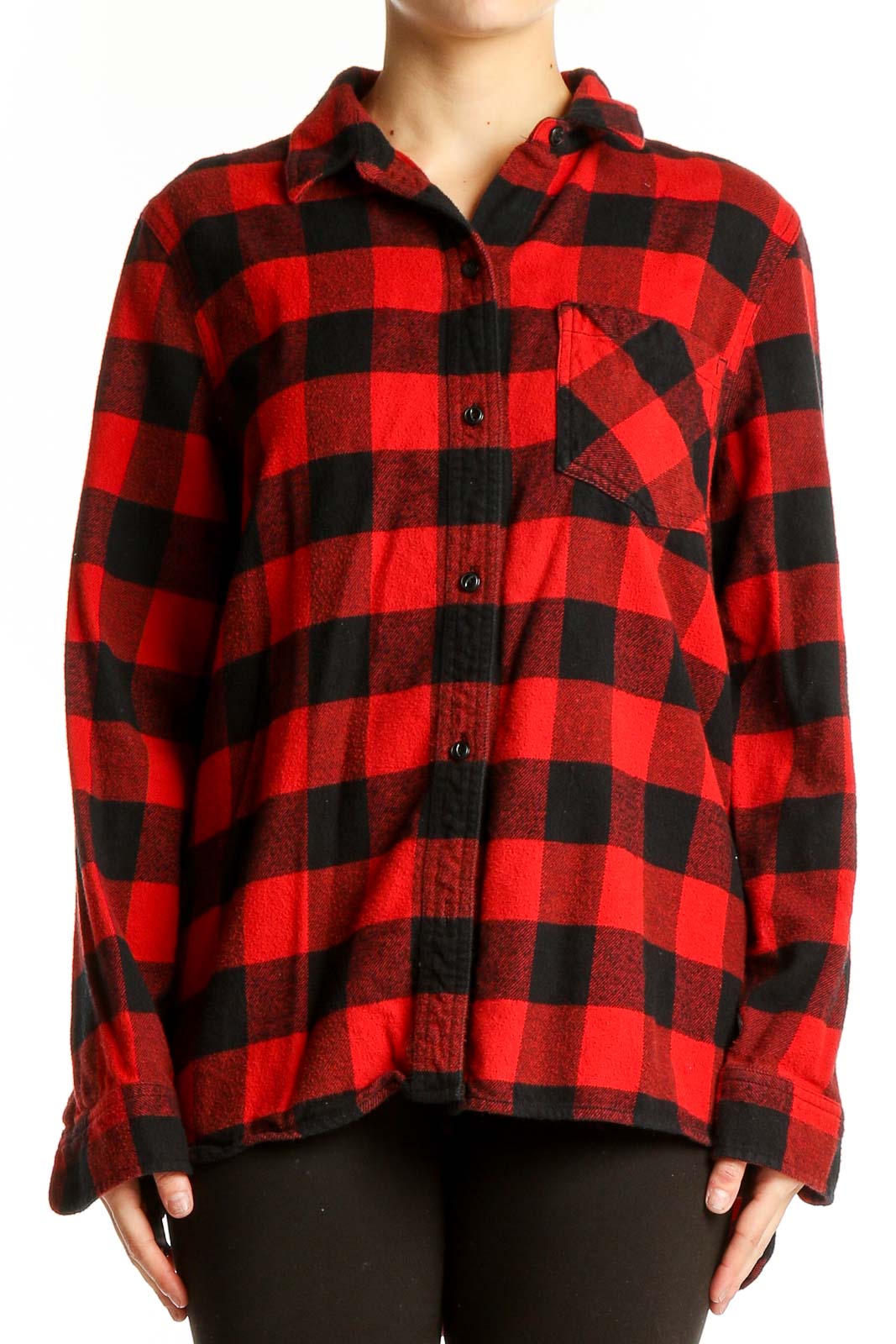 Front view of Madewell red and black buffalo check flannel shirt