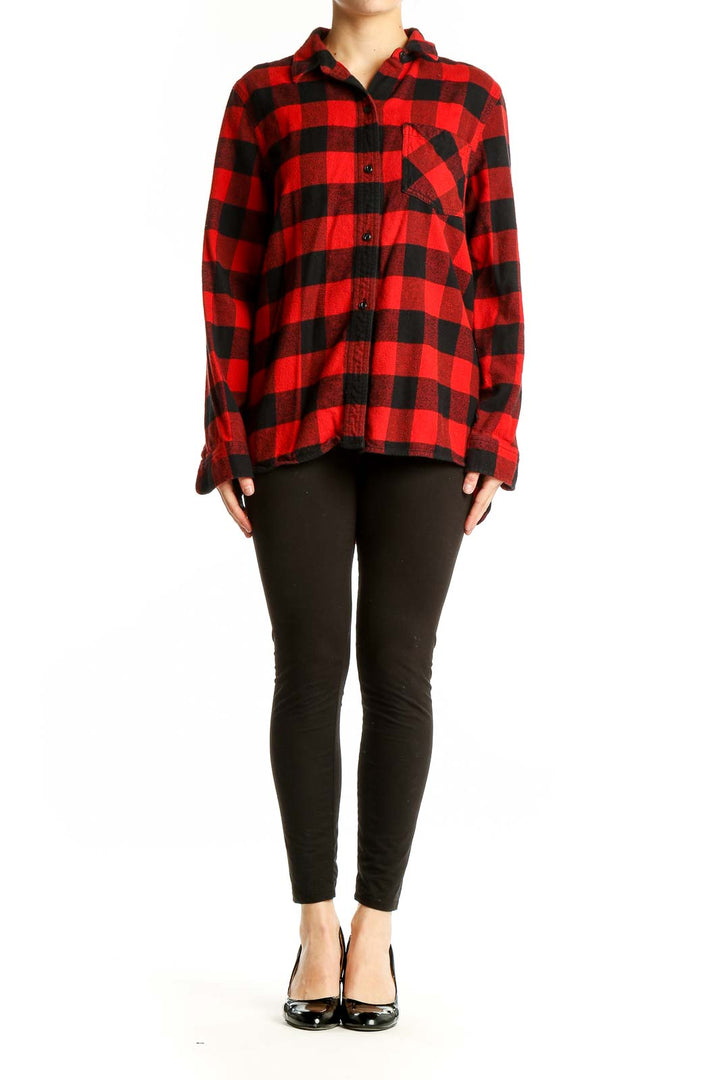 Front view of Madewell red and black buffalo check flannel shirt